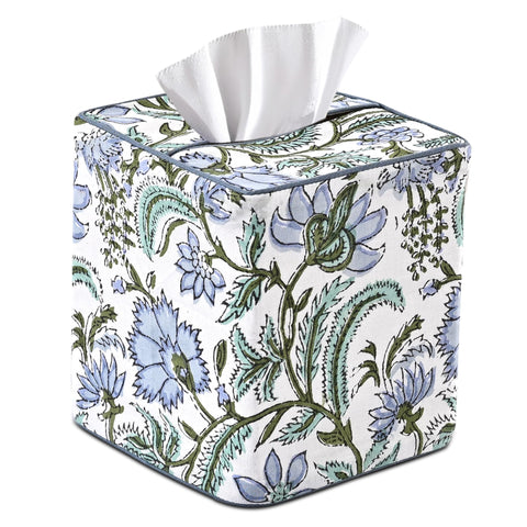 Ridhi Columbia Blue Block Print tissue box cover—handmade artisanal charm for elegant home décor.