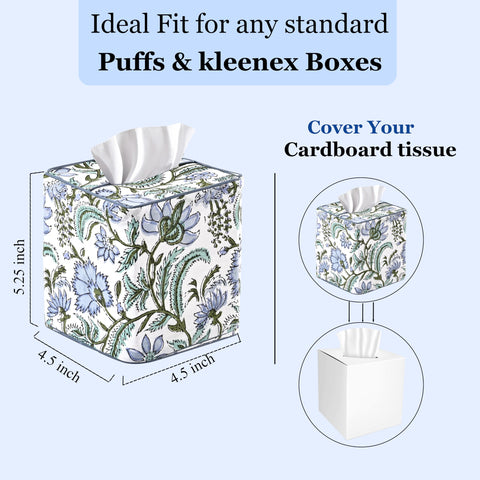Ridhi Columbia Blue Block Print cover—slip-on fit for standard square tissue boxes.