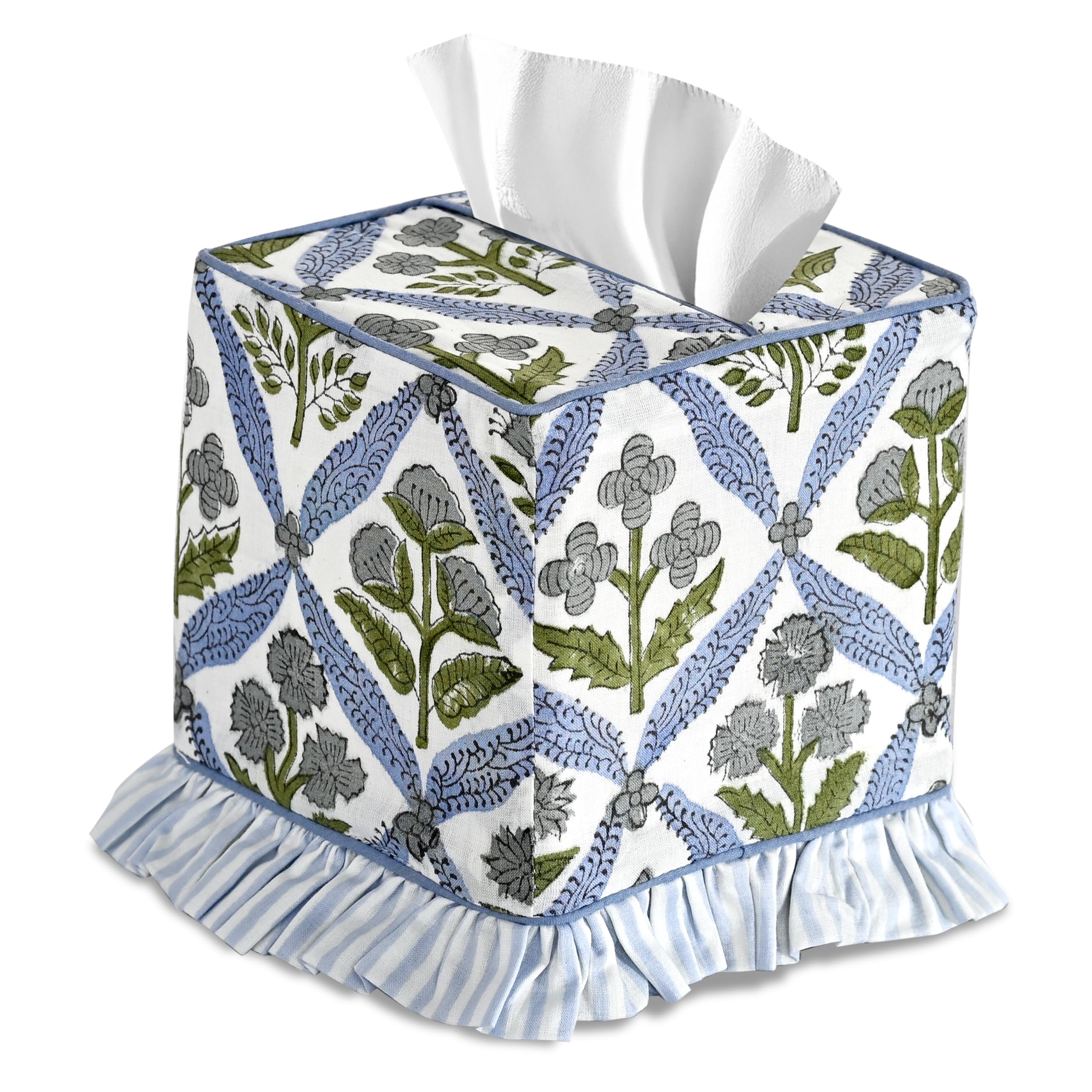 Ridhi tissue box cover in light steel blue block print with artisan craftsmanship.