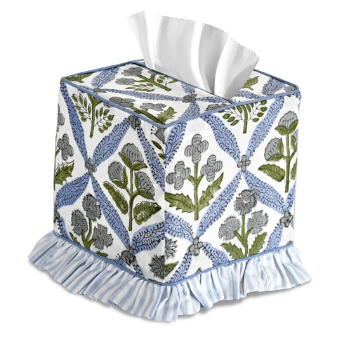 Ridhi tissue box cover in light steel blue block print with artisan craftsmanship.
