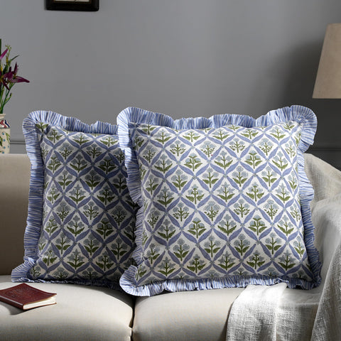 Ridhi ruffle-edge block print pillow cover enhances decor with a chic, premium touch.
