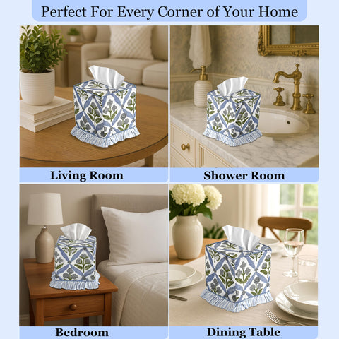 Ridhi tailored-fit square tissue box cover slips on easily.