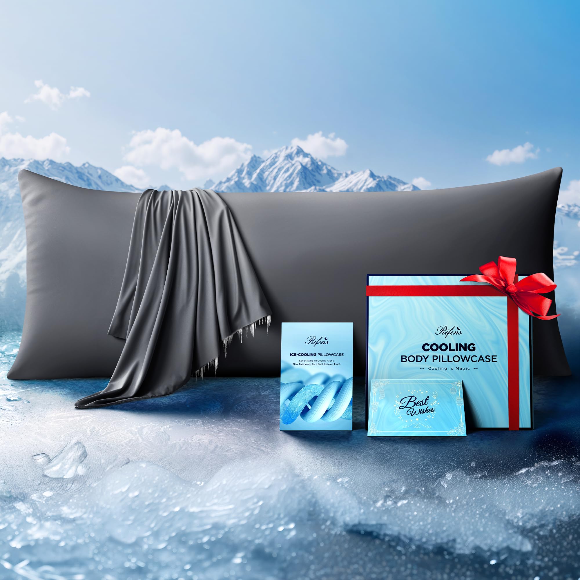 Rifens ice cooling pillowcase laid flat in dark gray for all-night freshness.