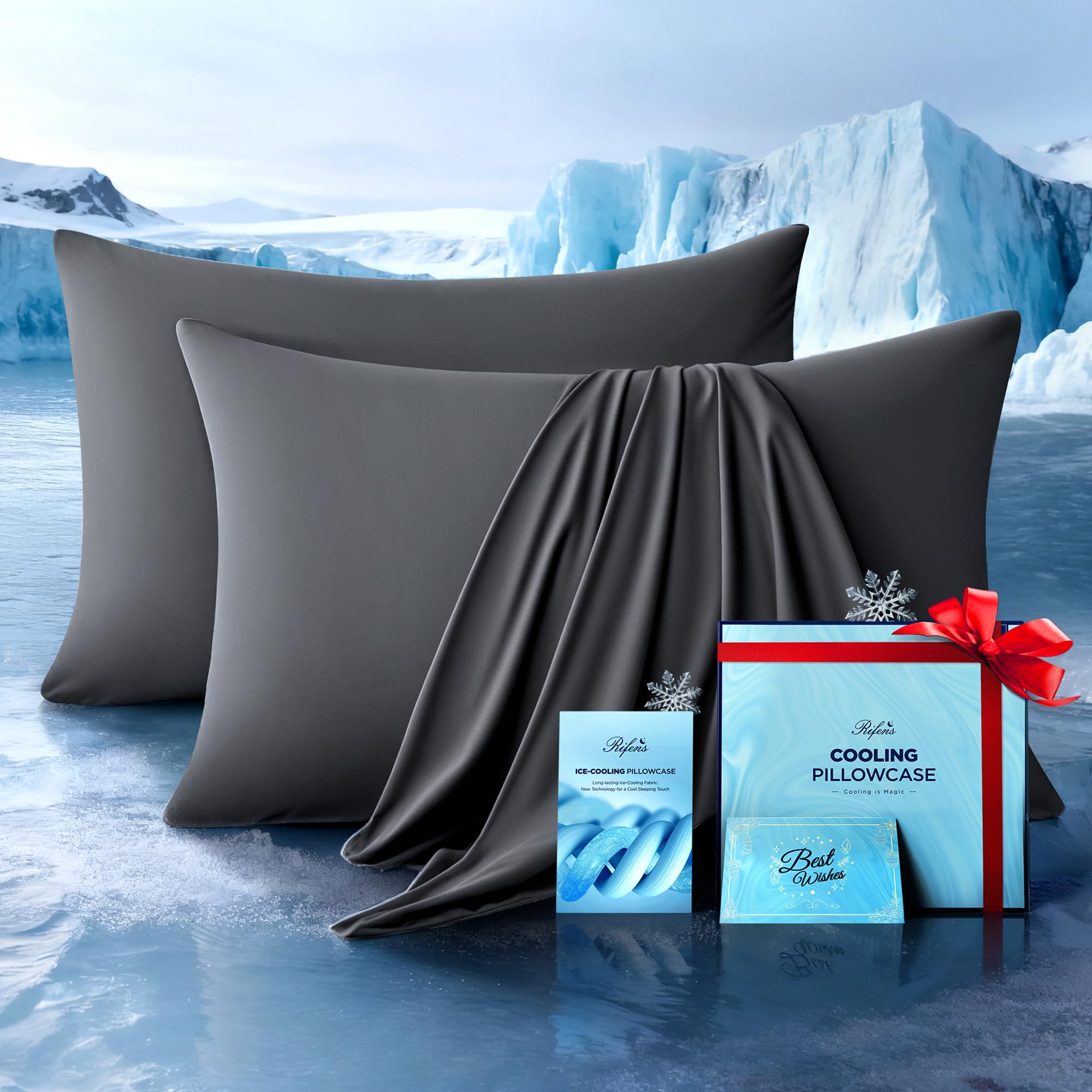 Rifens Ultra-Chill pillowcase close-up shows cooling fabric for instant comfort.