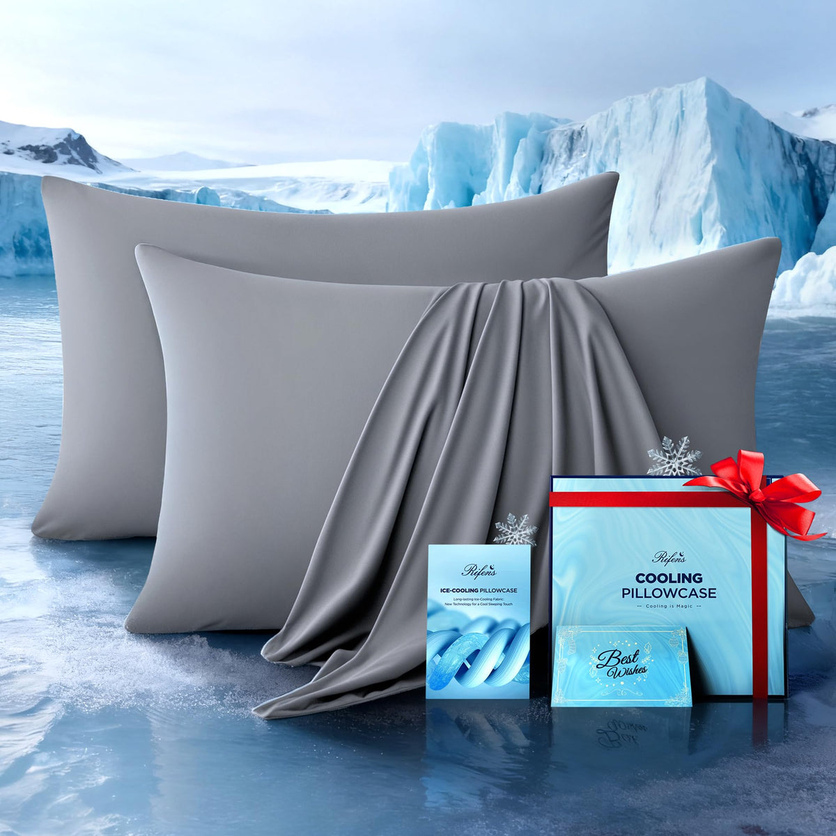 Rifens Ultra-Chill pillowcase 2-pack on pillow for cooling comfort during hot nights.
