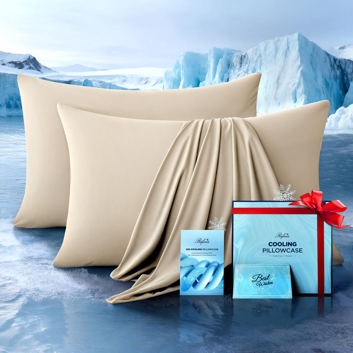 Rifens Ultra-Chill King beige pillowcase on bed for hot sleepers cooling
