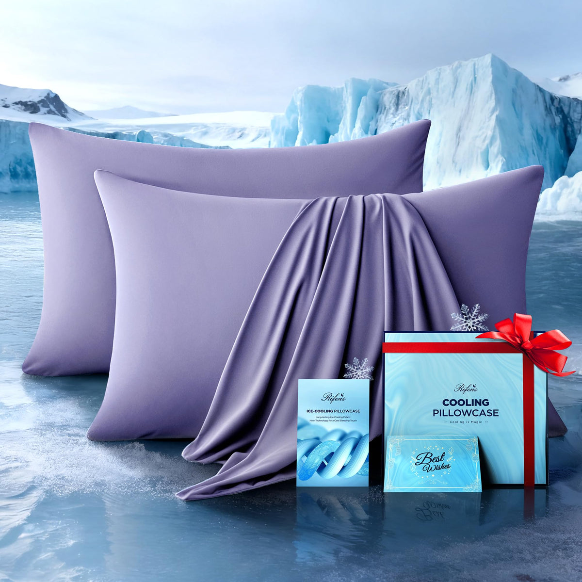 Rifens Ultra-Chill queen purple pillowcase set on bed for cooling comfort