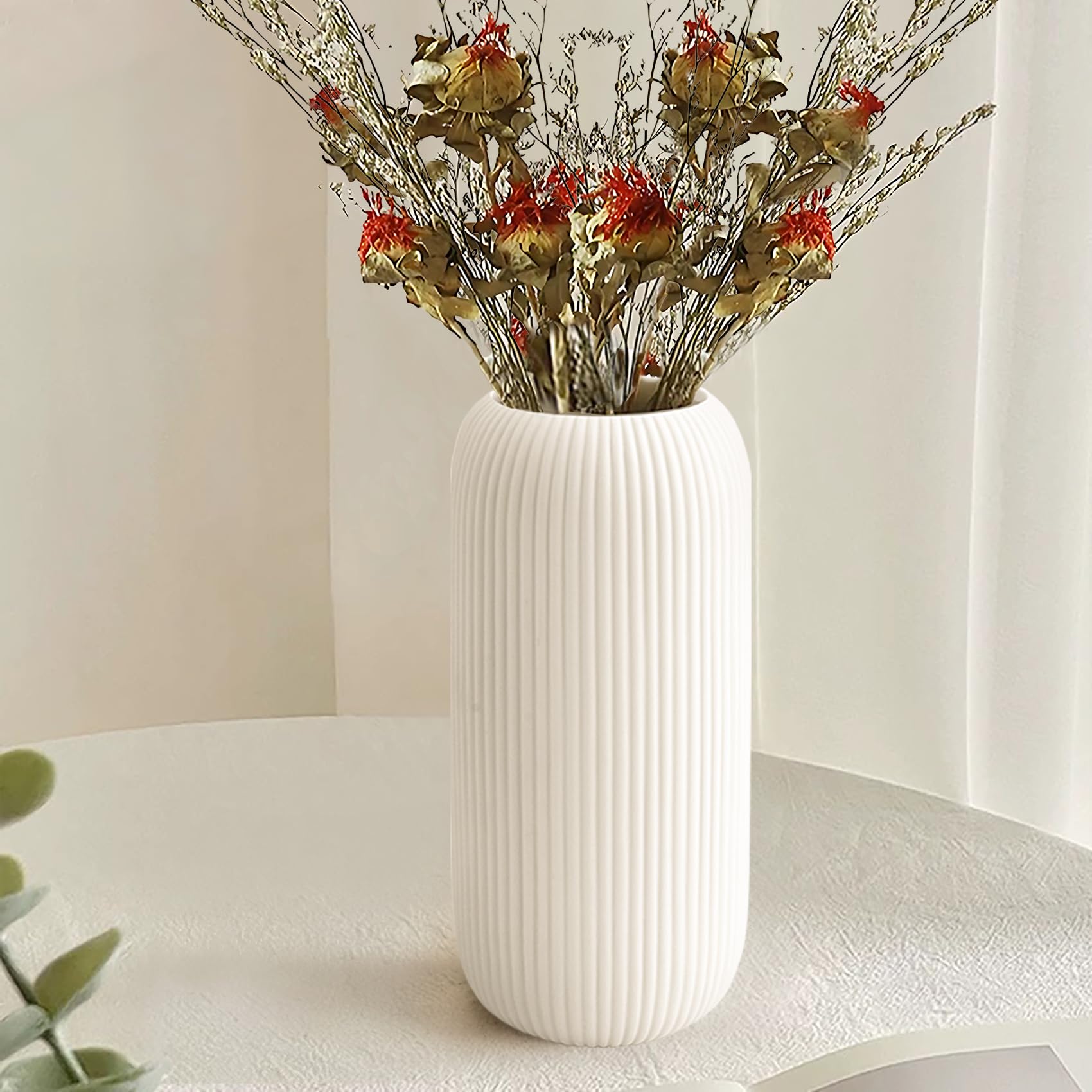 RIKBVOM white ribbed vase, full view, ideal for windowsill decor.