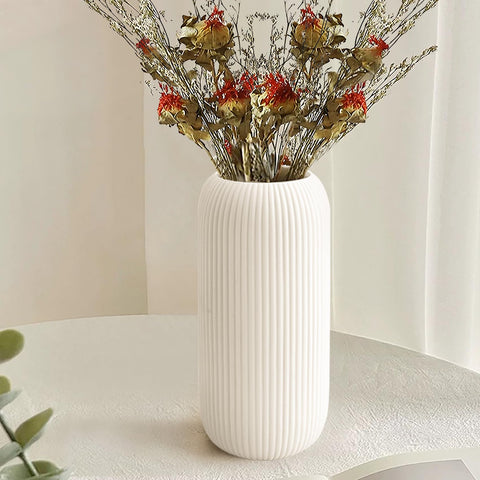 RIKBVOM white ribbed vase, full view, ideal for windowsill decor.