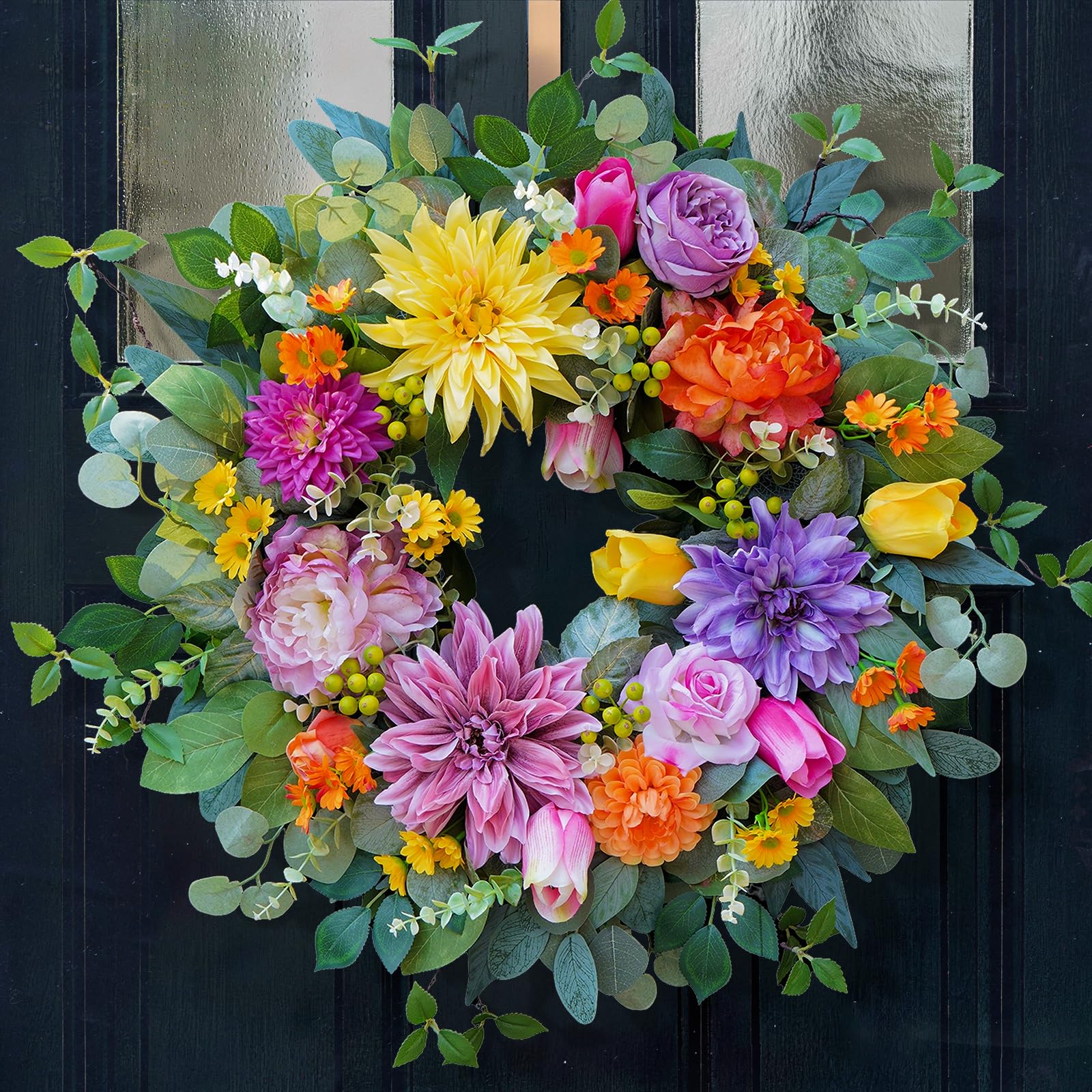 Rimalo 24in spring-summer wreath on front door, vibrant and maintenance-free.