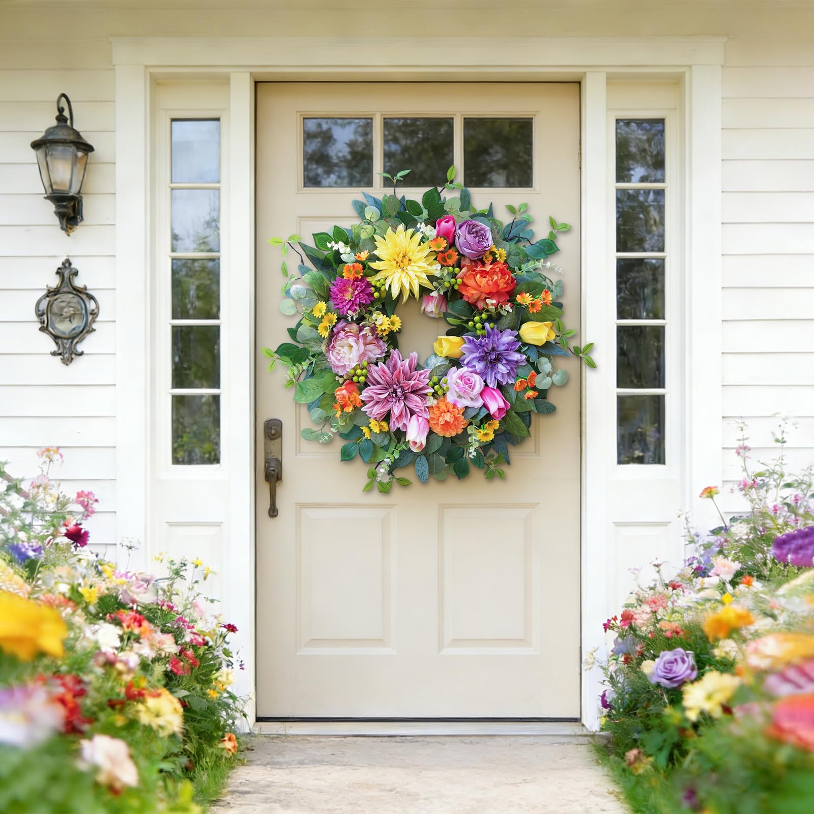 Rimalo front door wreath featuring chrysanthemums and roses for bold seasonal impact.