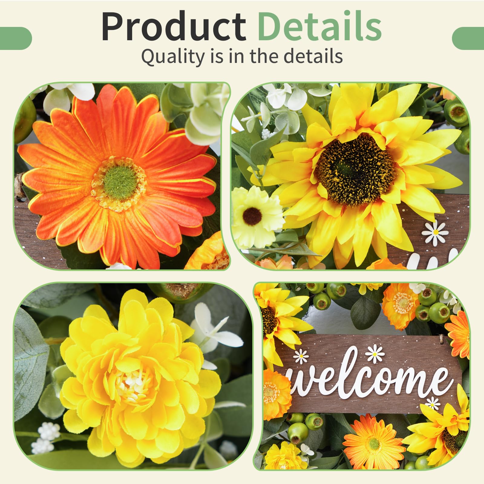 Rimalo welcome-sign floral wreath creates warm, inviting porch ambience.