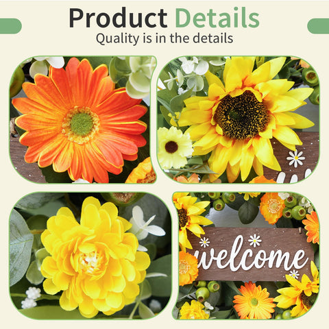 Rimalo welcome-sign floral wreath creates warm, inviting porch ambience.