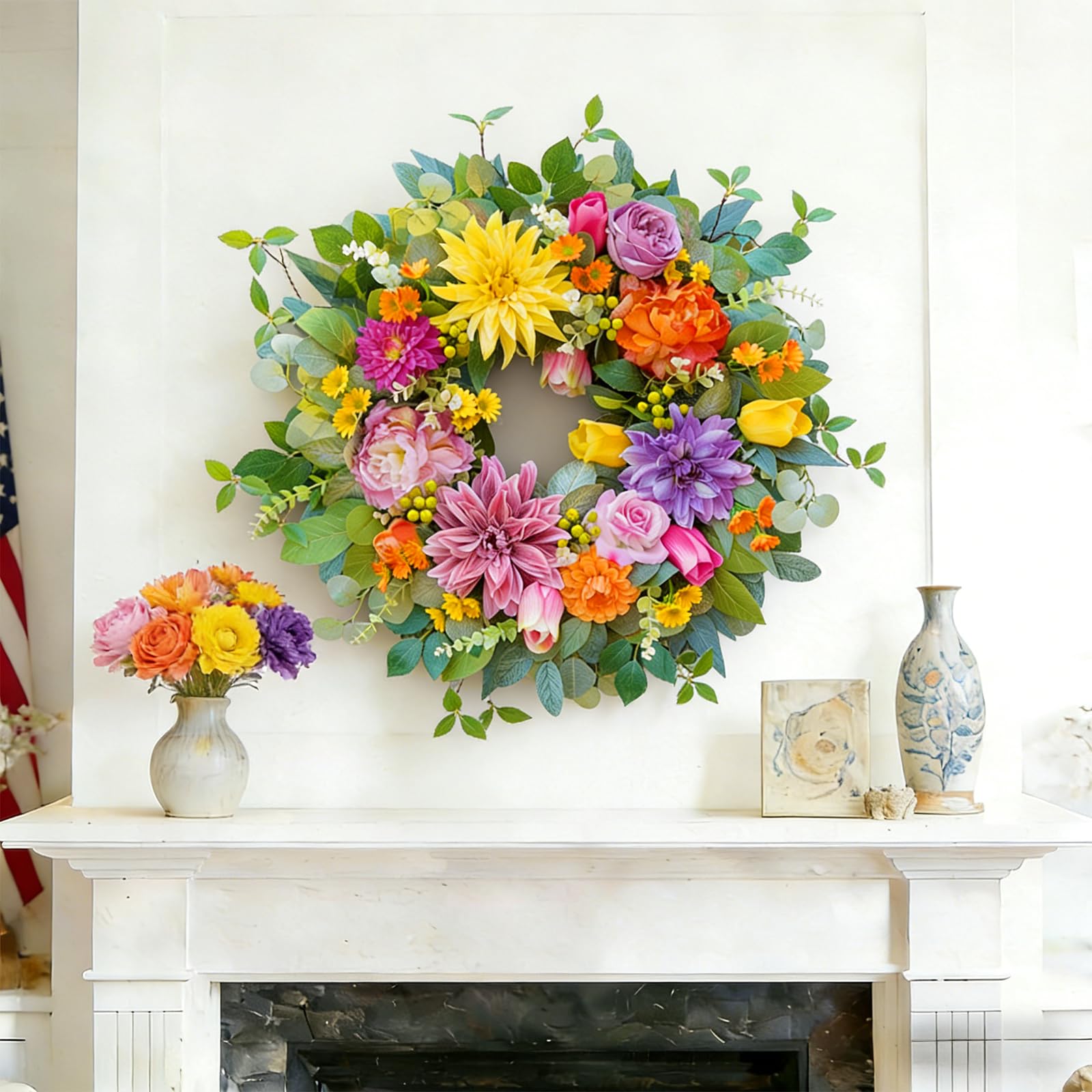 Rimalo wreath features tulips and berries for lush indoor or outdoor decor.