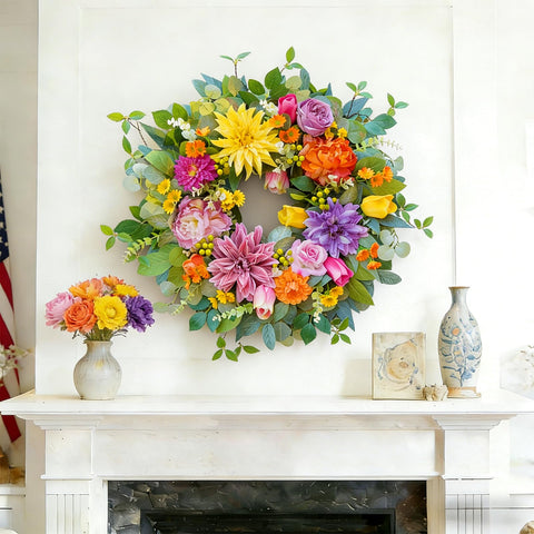 Rimalo wreath features tulips and berries for lush indoor or outdoor decor.