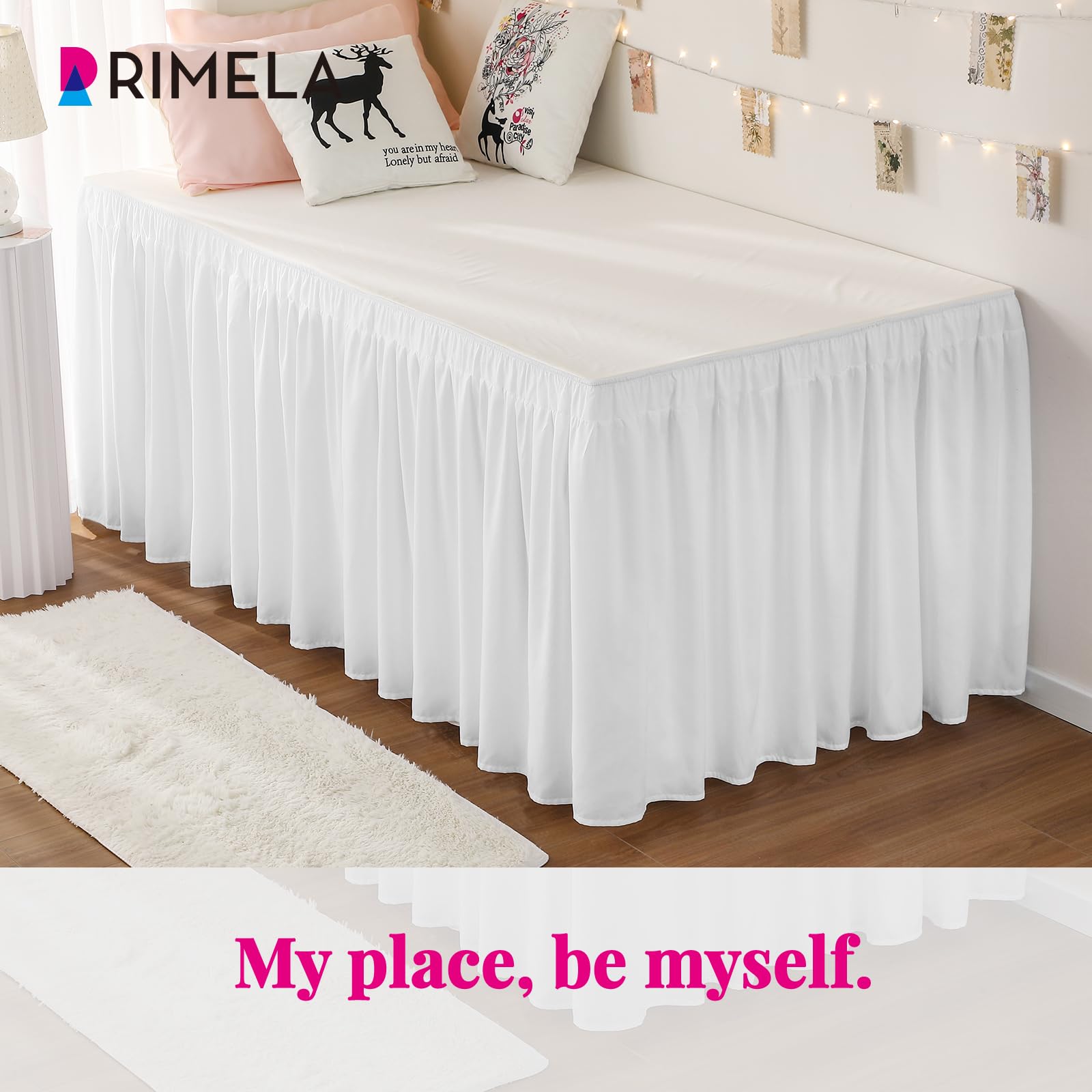 RIMELA white silky fabric bedskirt adds a refined touch to any room.