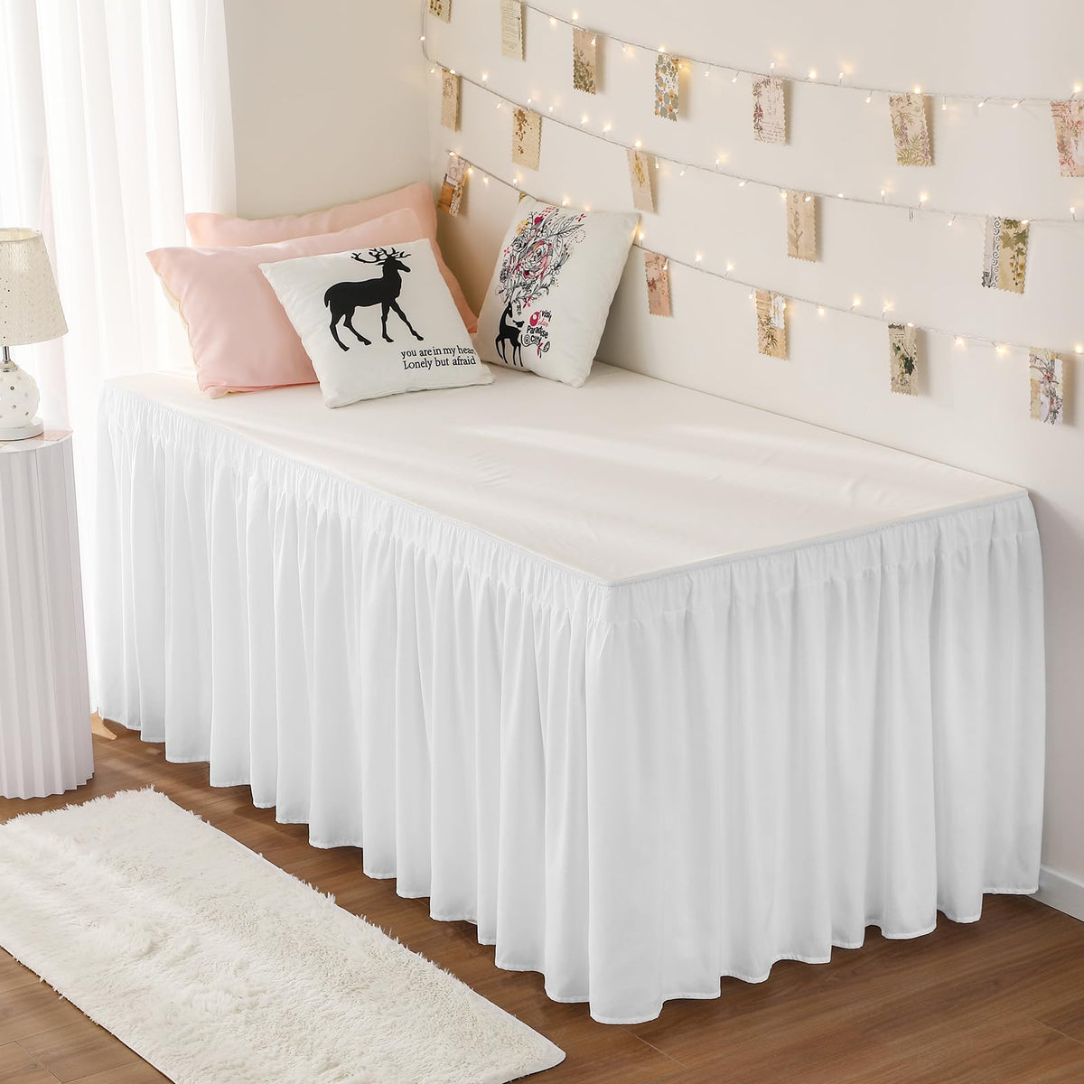 RIMELA dorm bedskirt twin-xl 36-drop highlights easy installation and a clean dorm look.