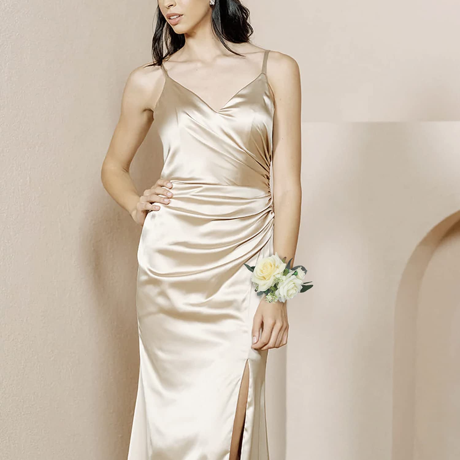 Rinlong classic design with white roses and greenery enhances formal attire.