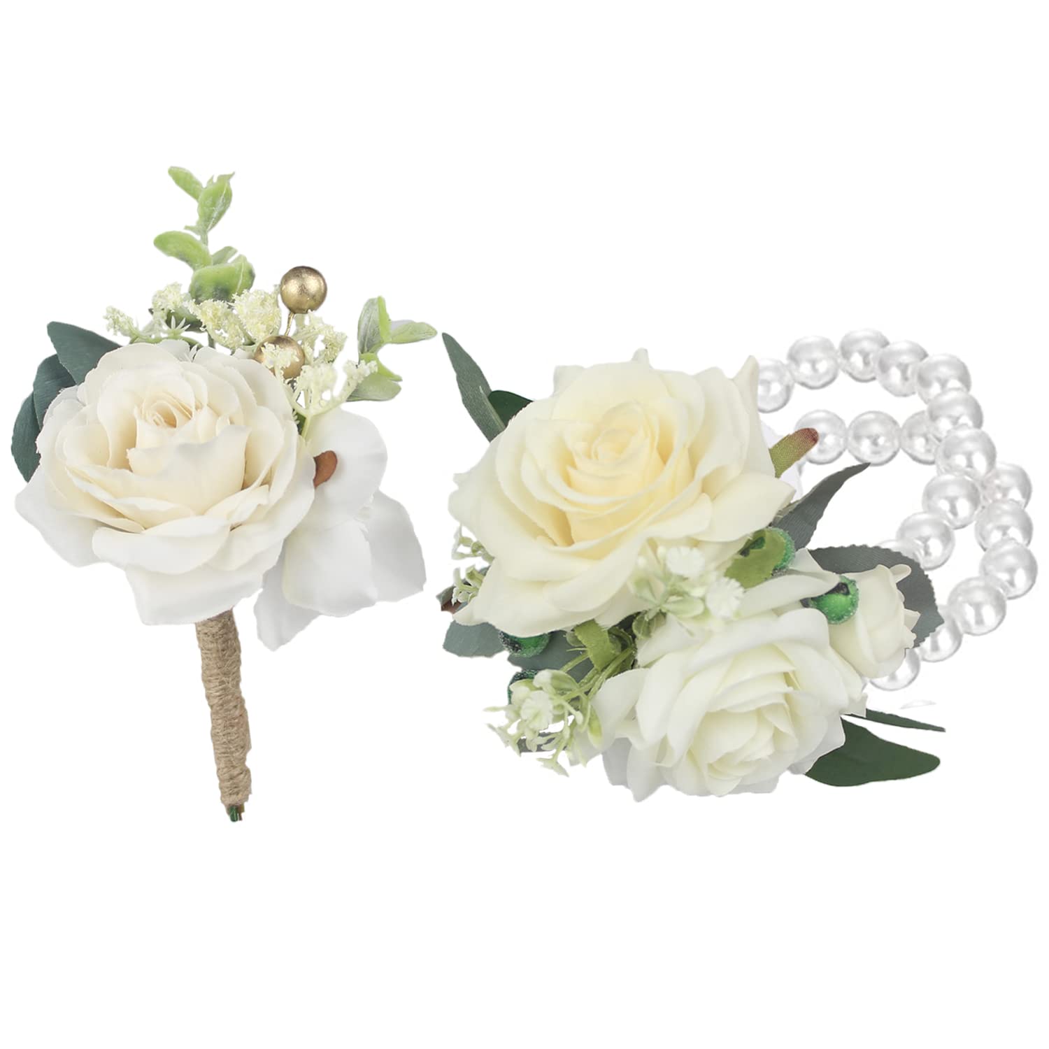 Rinlong wrist corsage featuring white roses for a polished prom or homecoming look.