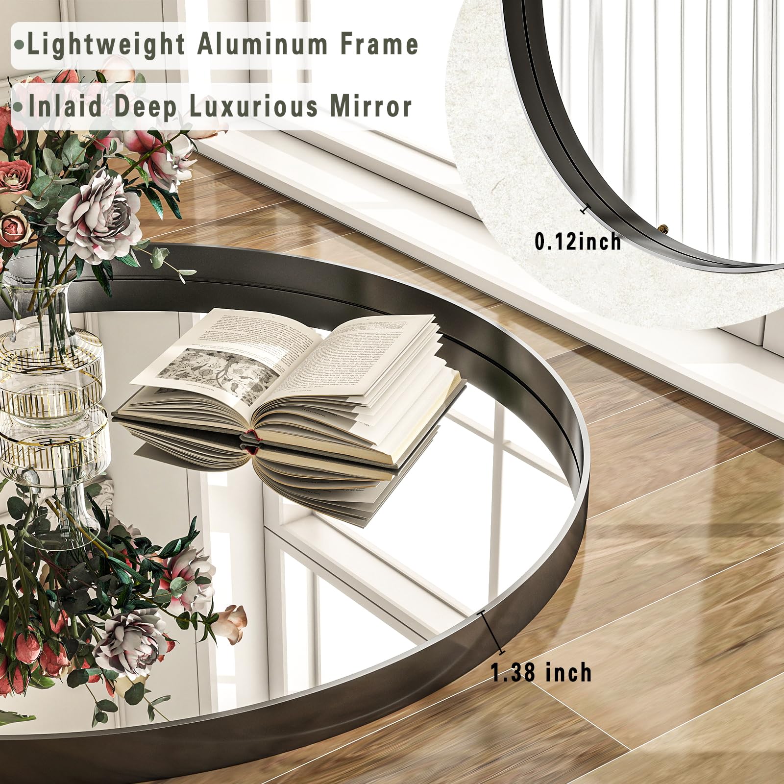 Riskioir vanity round mirror offers a stylish grooming focal point.