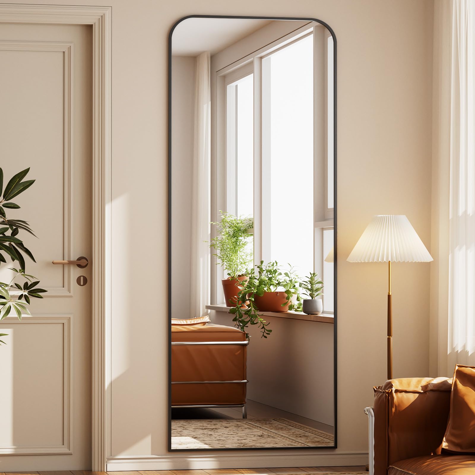 Riskioir full-length mirror with gold aluminum frame enhances any room.