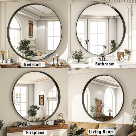 Riskioir entryway round mirror creates welcoming ambiance and amplifies light.