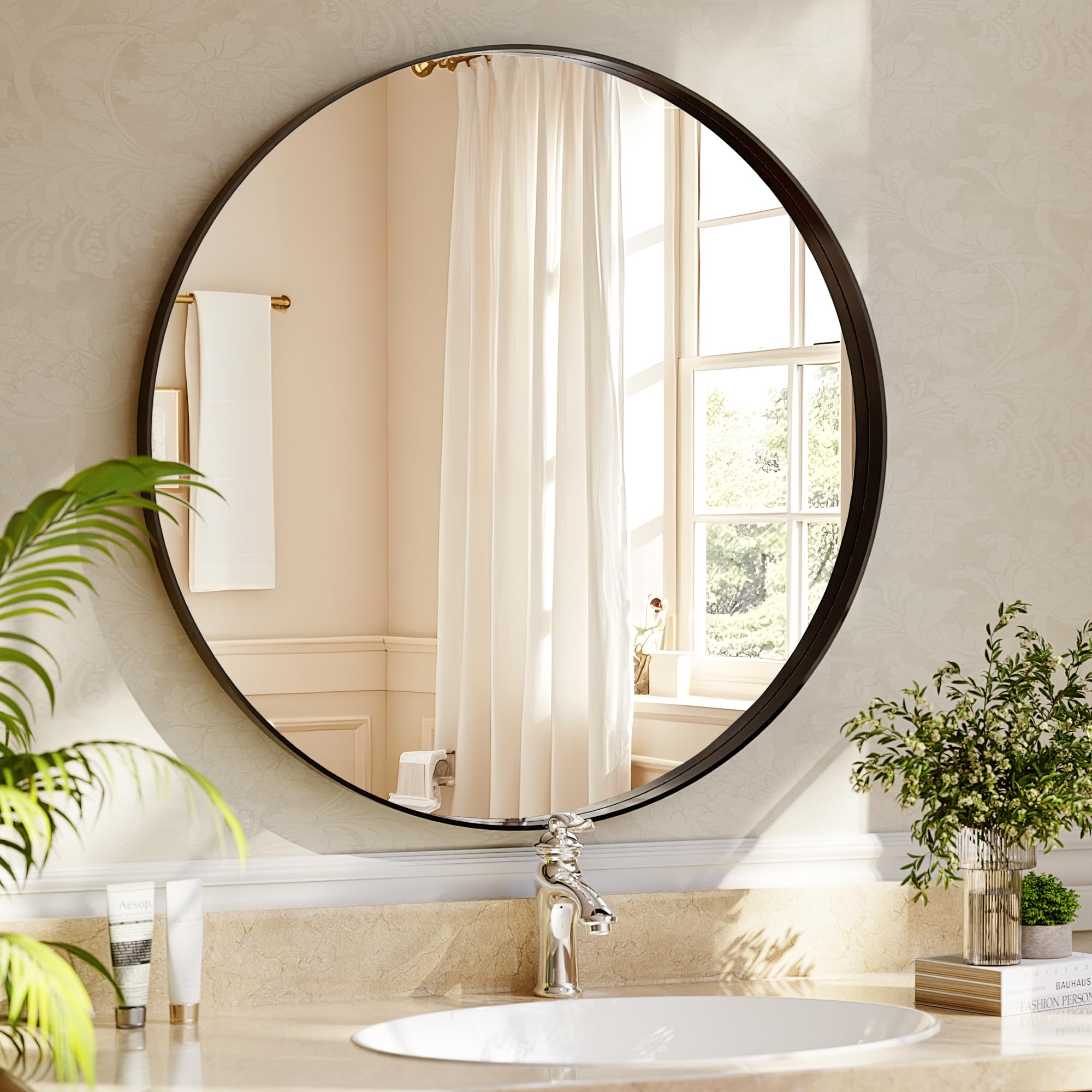 Riskioir round mirror with deep frame, wall-mounted, bold style and reflection.