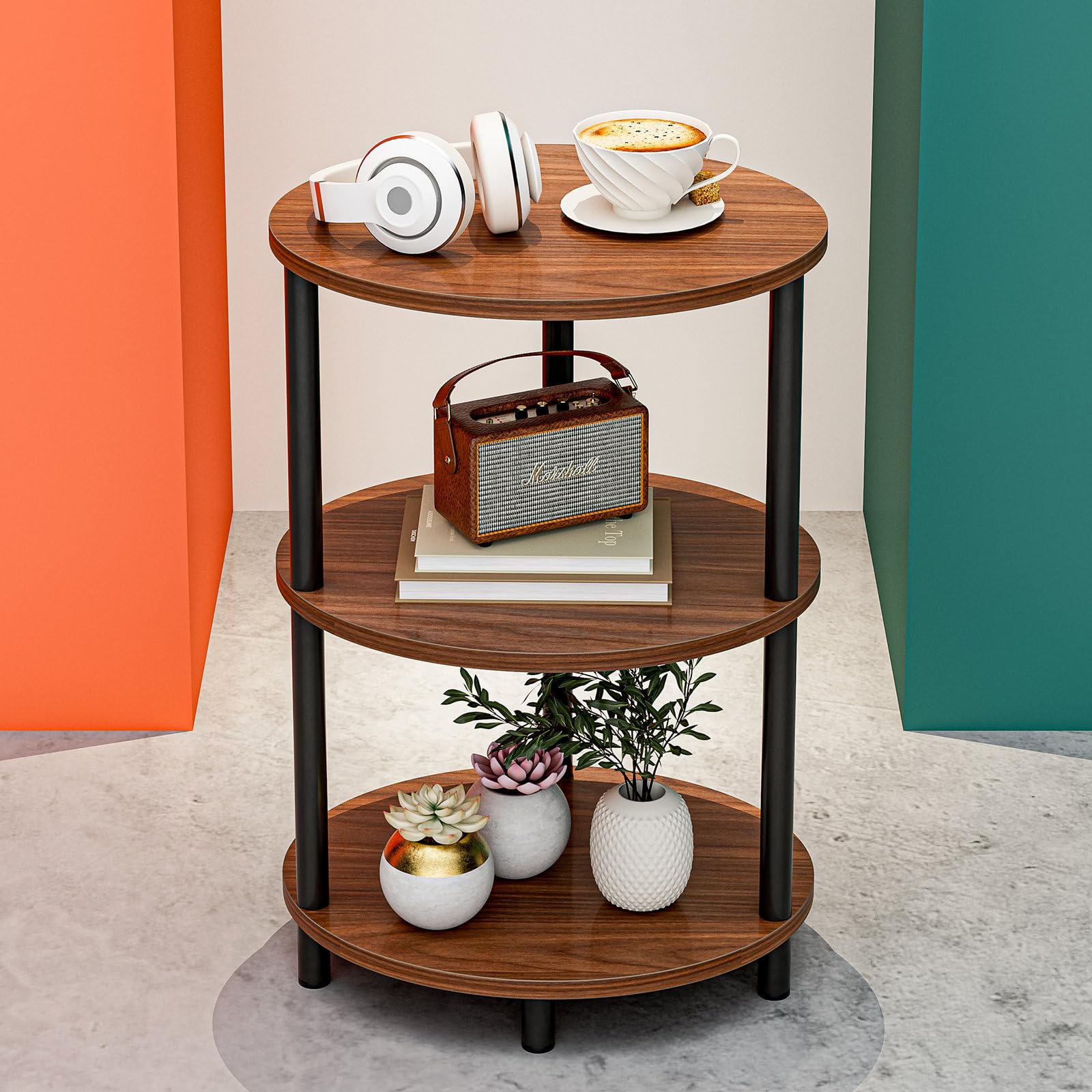 RISWER round pedestal end table with three tiers for compact living rooms