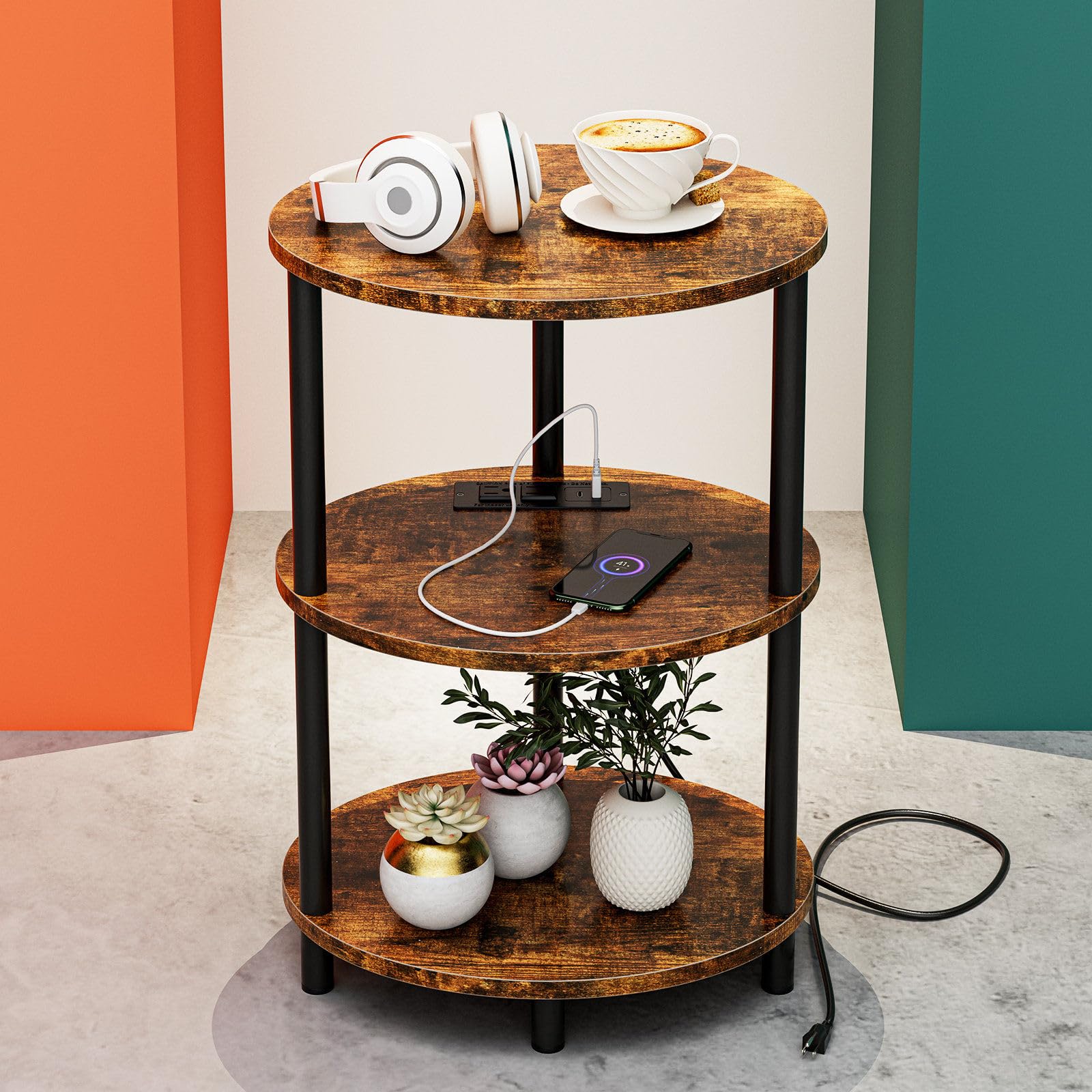 RISWER small round side table with 3-tier oval design ideal for compact spaces