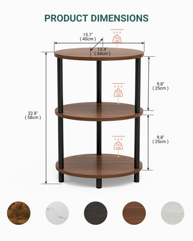 RISWER three-tier storage end table keeps books, drinks, and decor organized