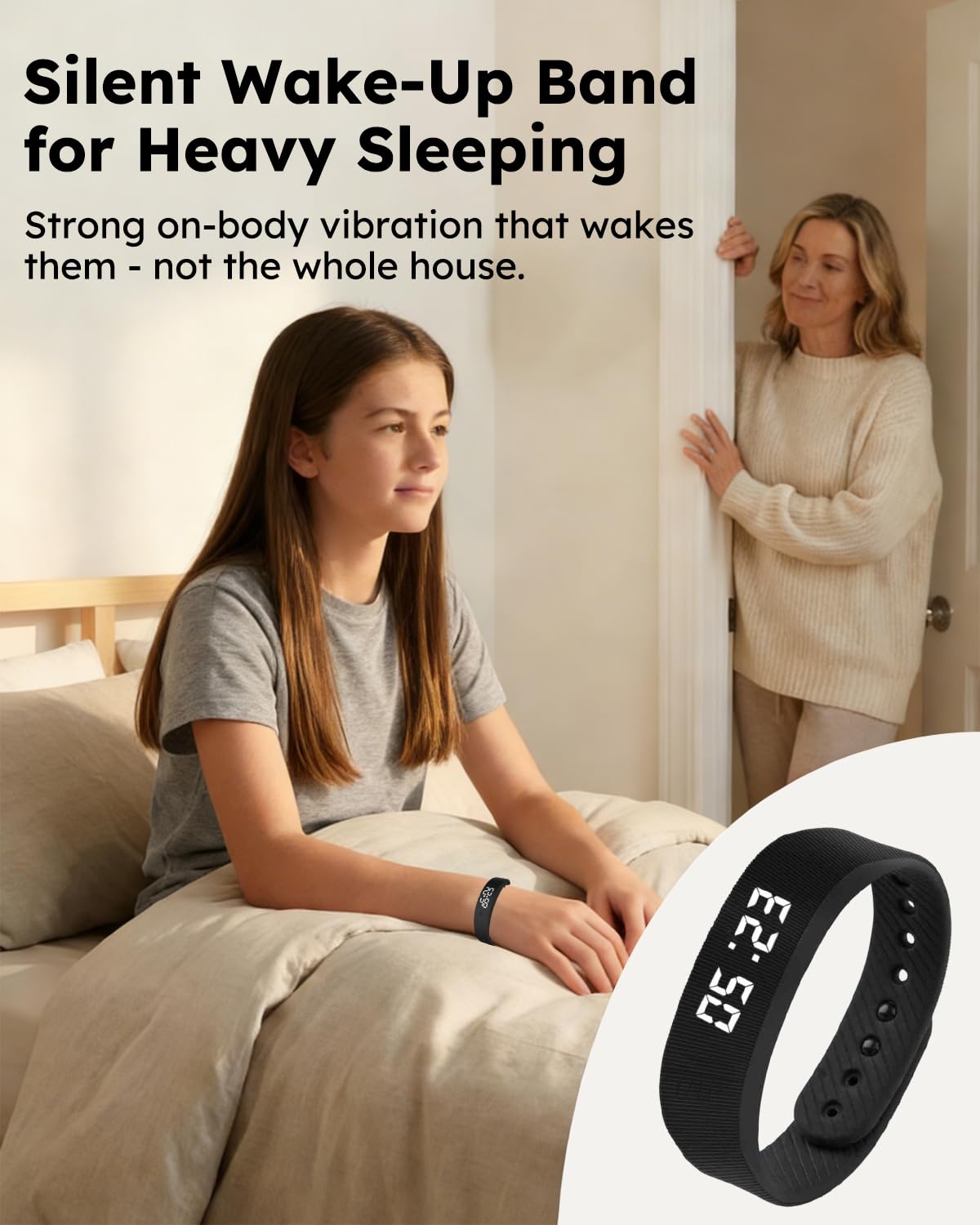 RITHEM heavy sleeper wristband delivers strong vibrations for deep sleep awakenings.