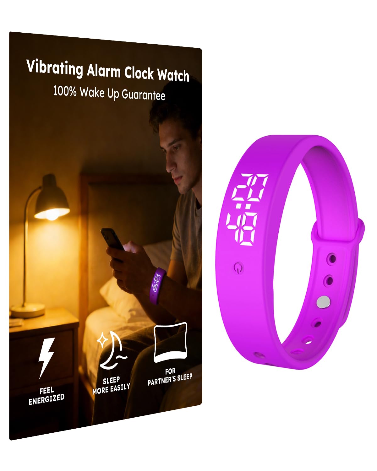 RITHEM vibrating alarm wristband in pink worn on the wrist with a reliable wake up cue