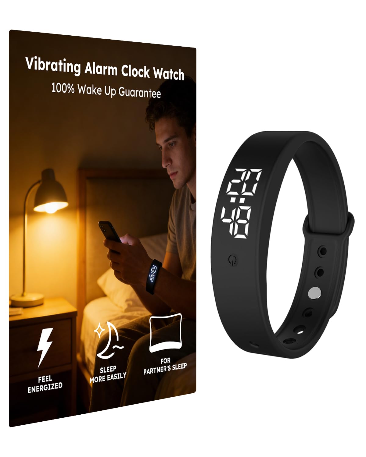 RITHEM vibrating alarm wristband on the wrist, delivering a powerful silent wake-up cue.