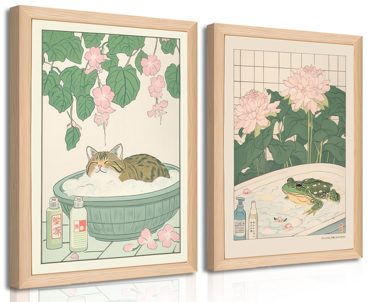 Riveda cat and frog wall art adds calming Japanese-inspired bathroom decor