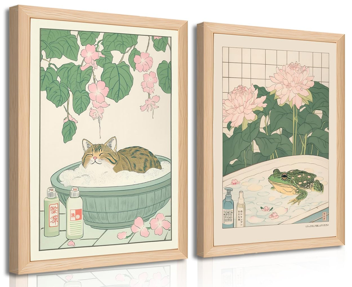 Riveda cat and frog wall art adds calming Japanese-inspired bathroom decor