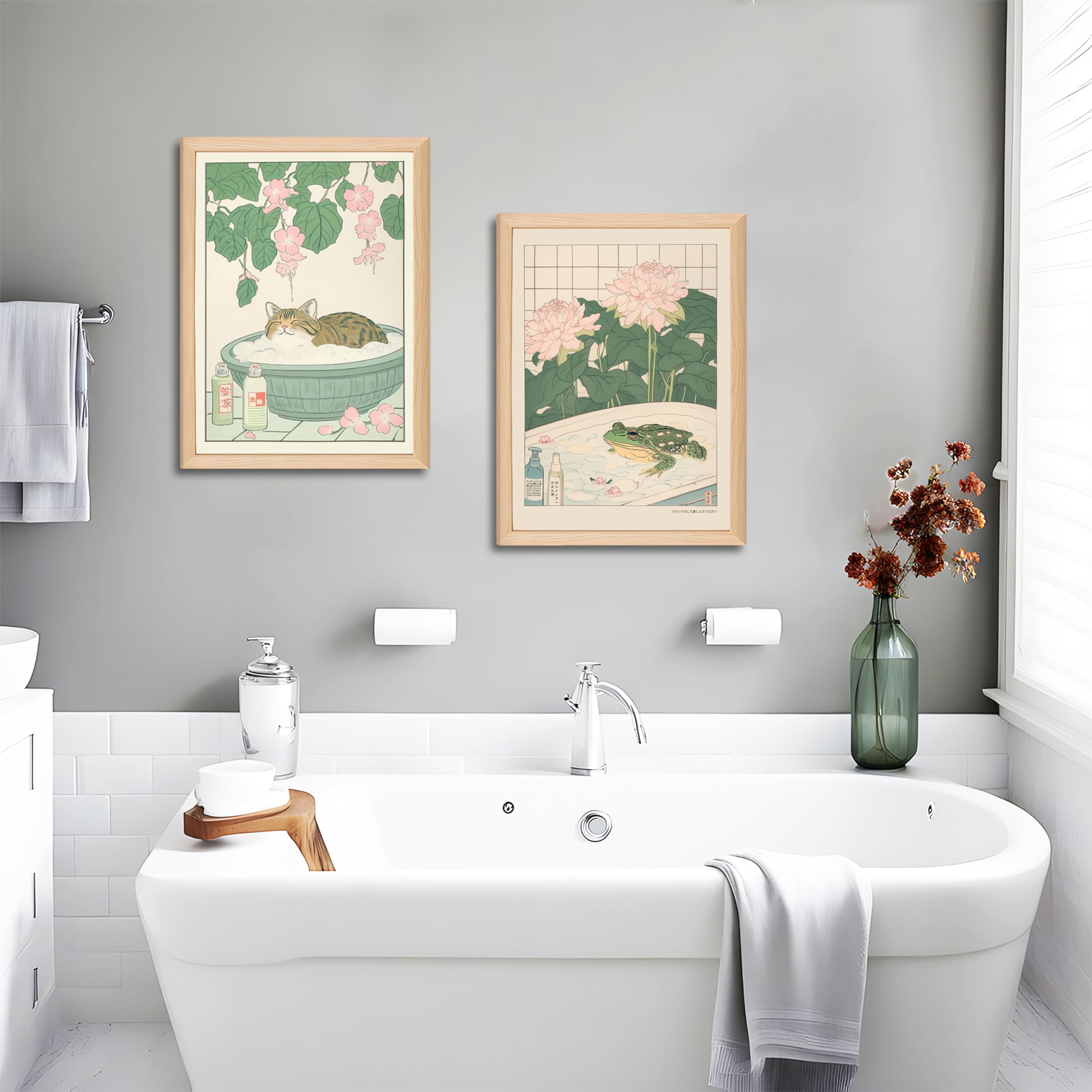 Riveda cat-frog framed canvas enhances spa-like ambience with minimalist nature vibes