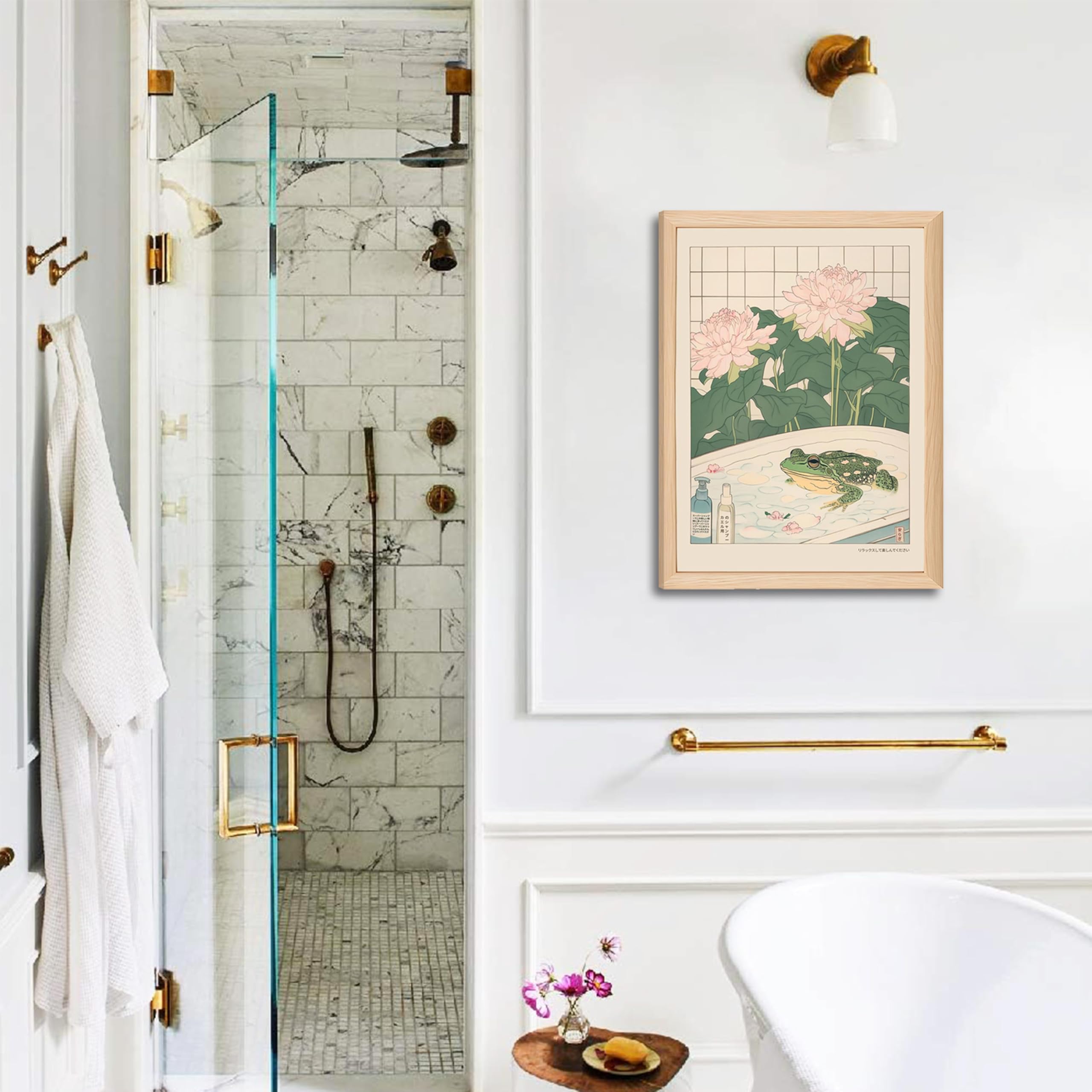 Riveda Japanese-inspired artwork set complements neutral bathrooms and showers