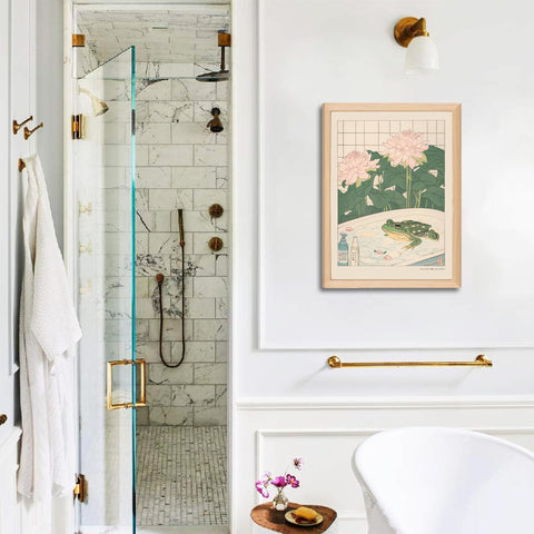 Riveda Japanese-inspired artwork set complements neutral bathrooms and showers