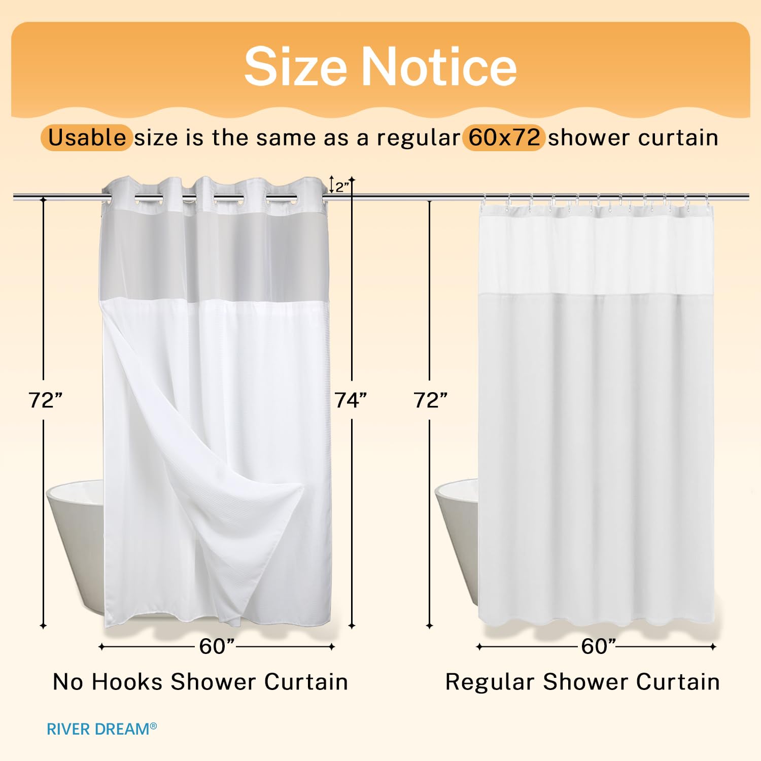 River Dream 60x74 curtain size fits standard showers.