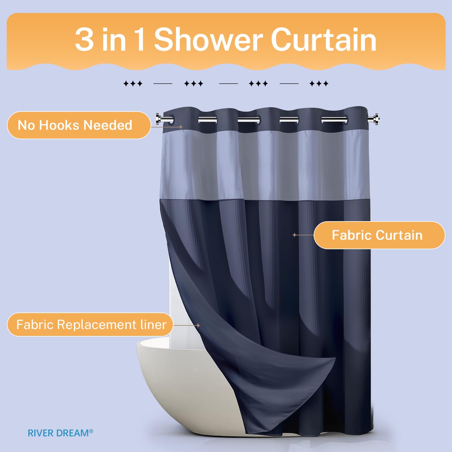 River Dream navy 71x74 curtain shown for standard shower fit.