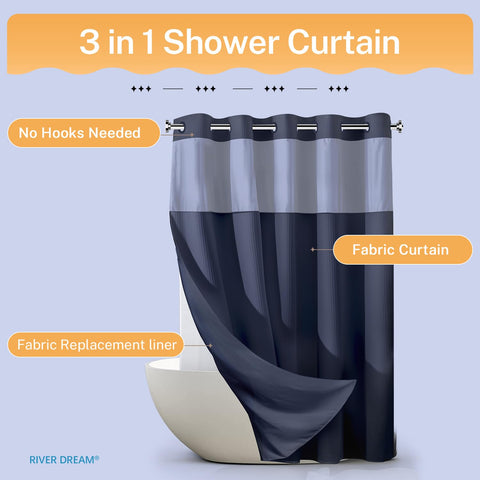 River Dream navy 71x74 curtain shown for standard shower fit.