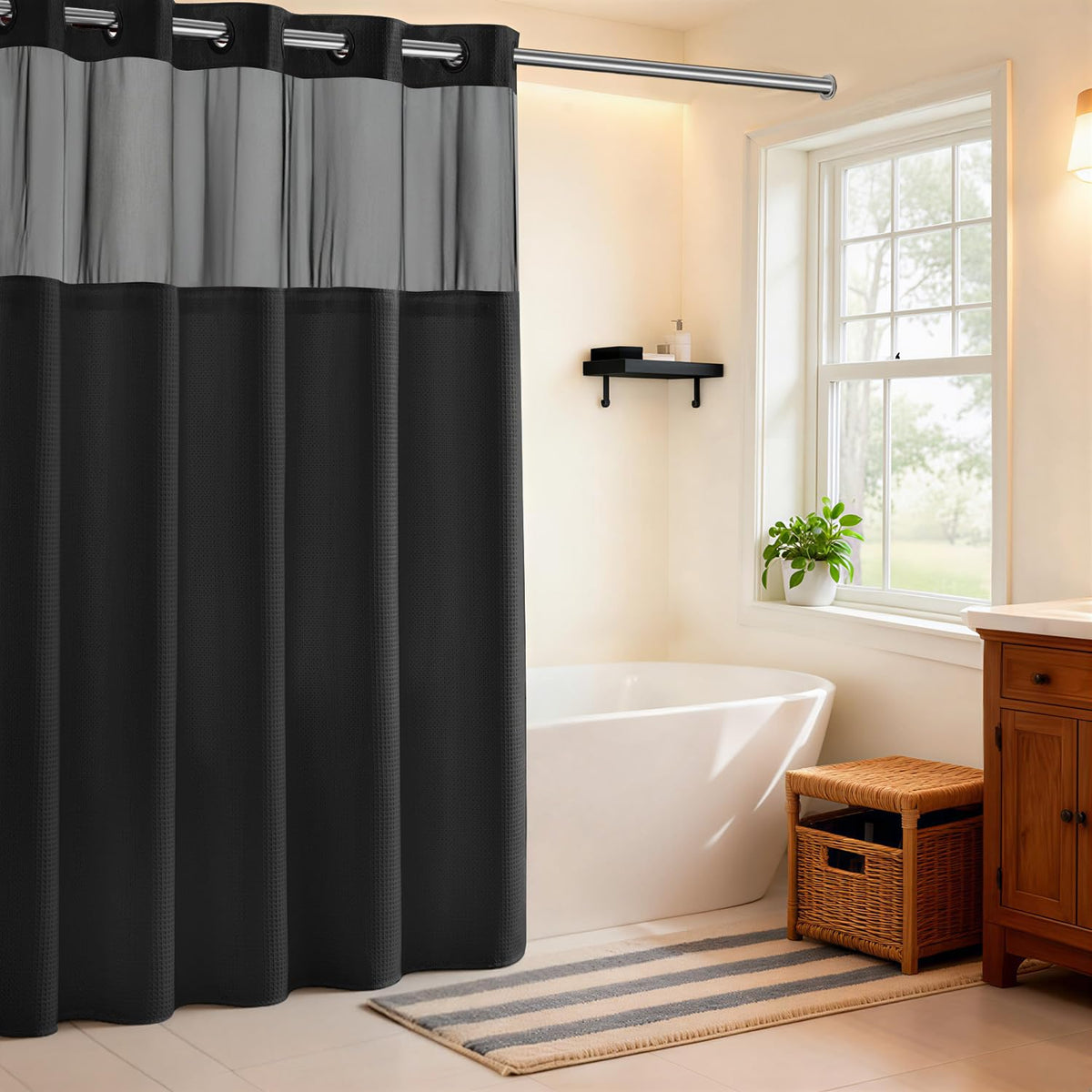 River Dream black shower curtain with dotted waffle weave and split rings for easy hanging