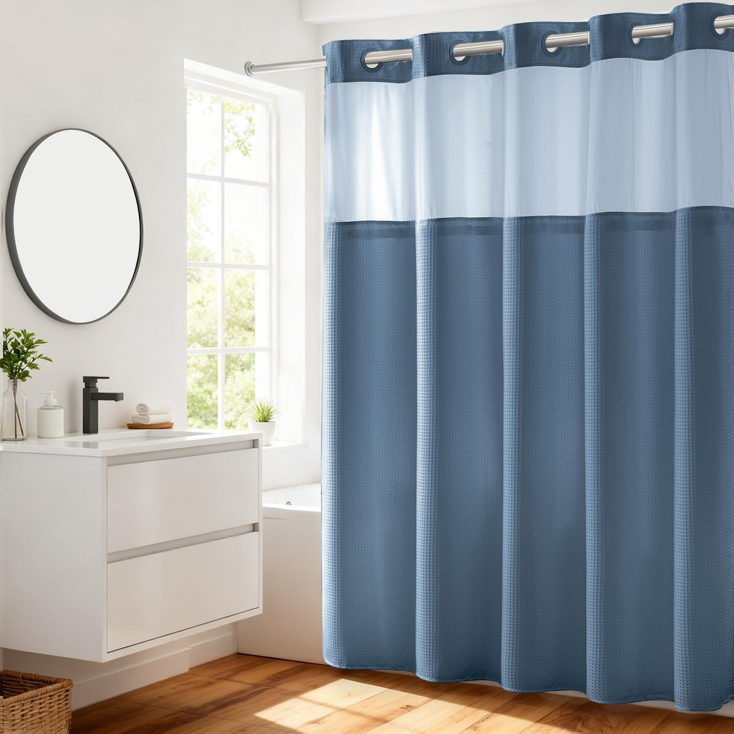 River Dream blue shower curtain with split rings for easy hanging