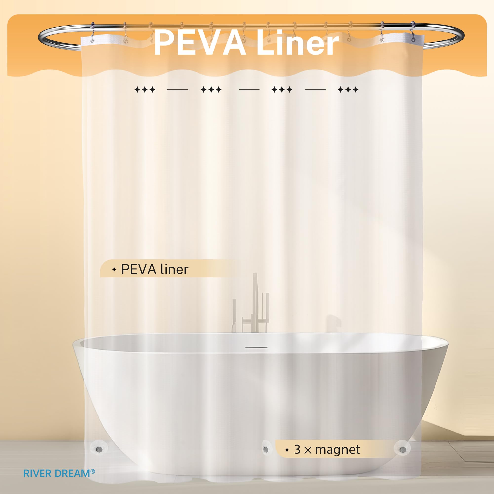 River Dream clear shower liner providing extra splash protection.