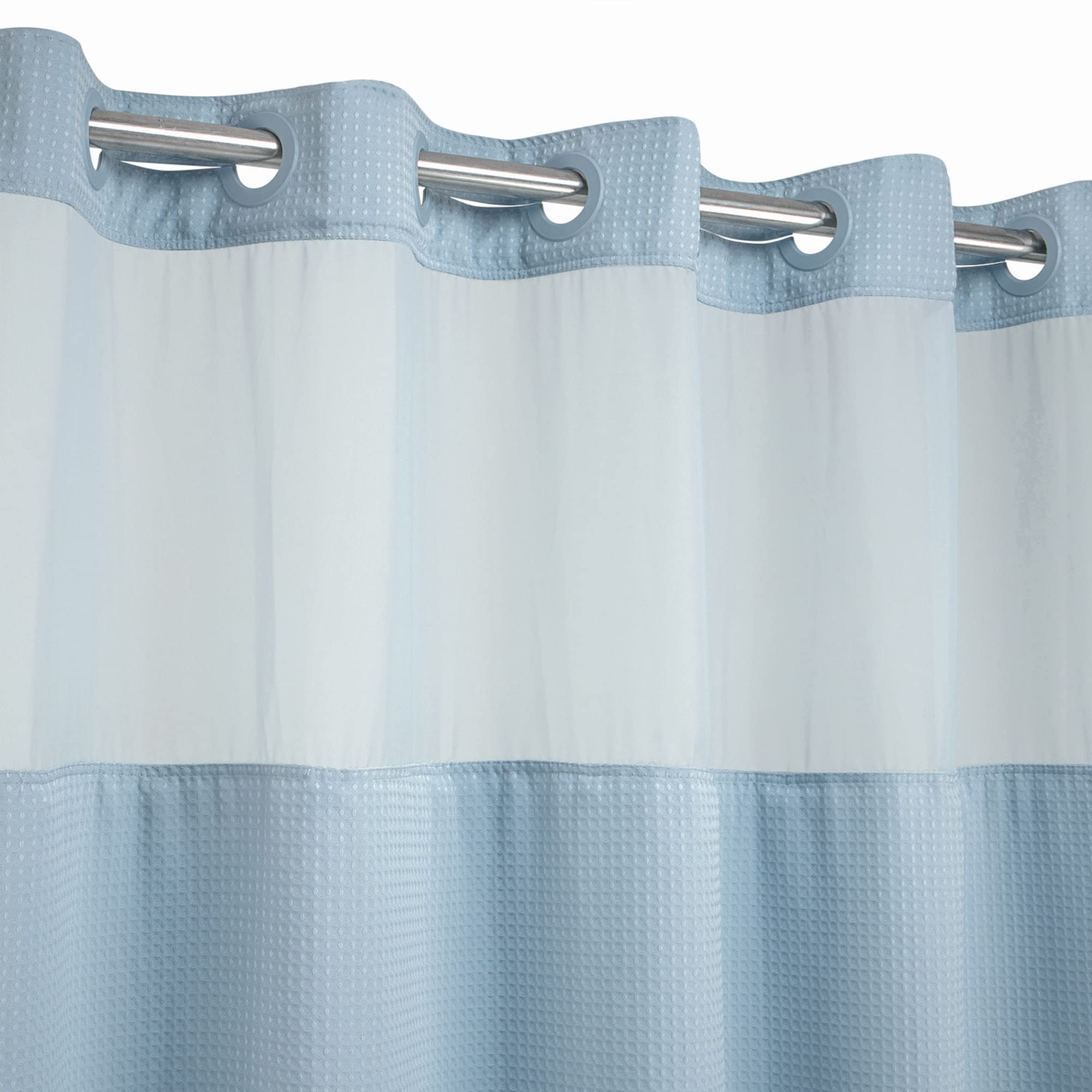 River Dream shower curtain with a clear top window for light and privacy.