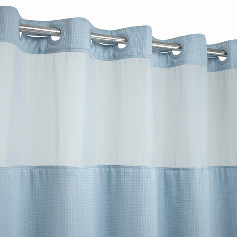 River Dream shower curtain with a clear top window for light and privacy.
