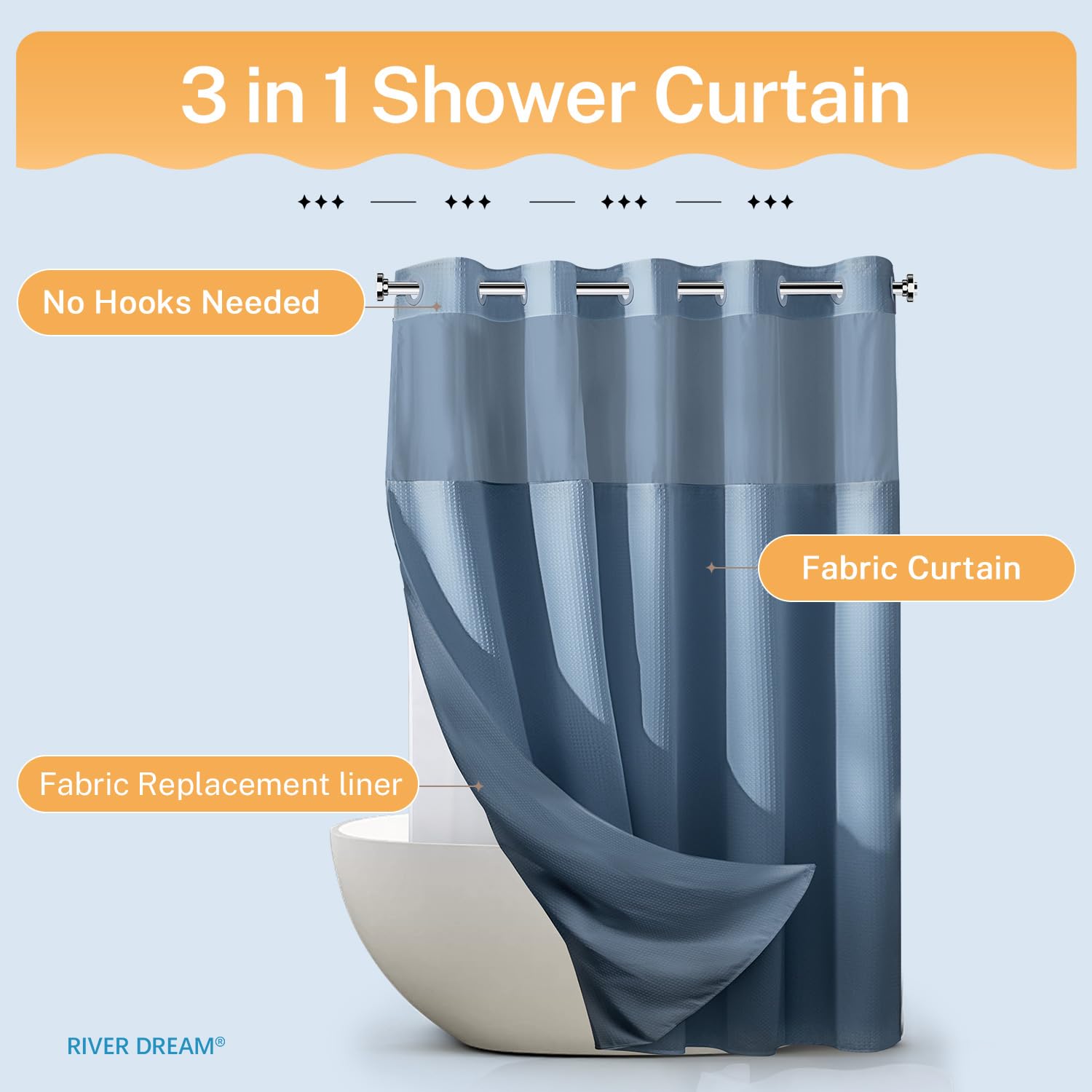 River Dream package includes curtain and liner for ready setup