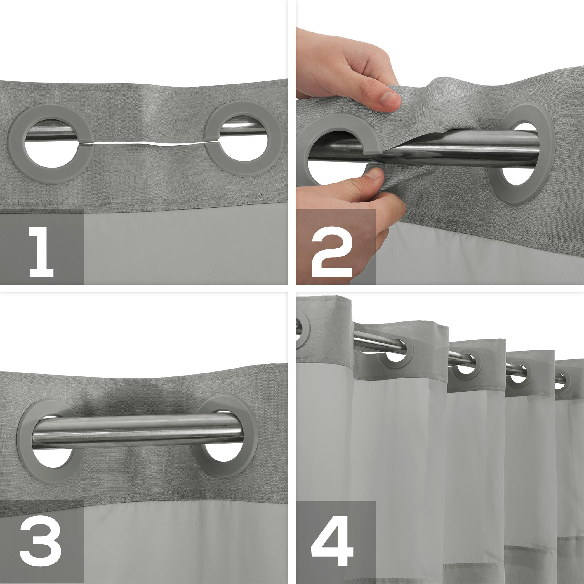River Dream dark gray fabric curtain adds a modern bathroom aesthetic