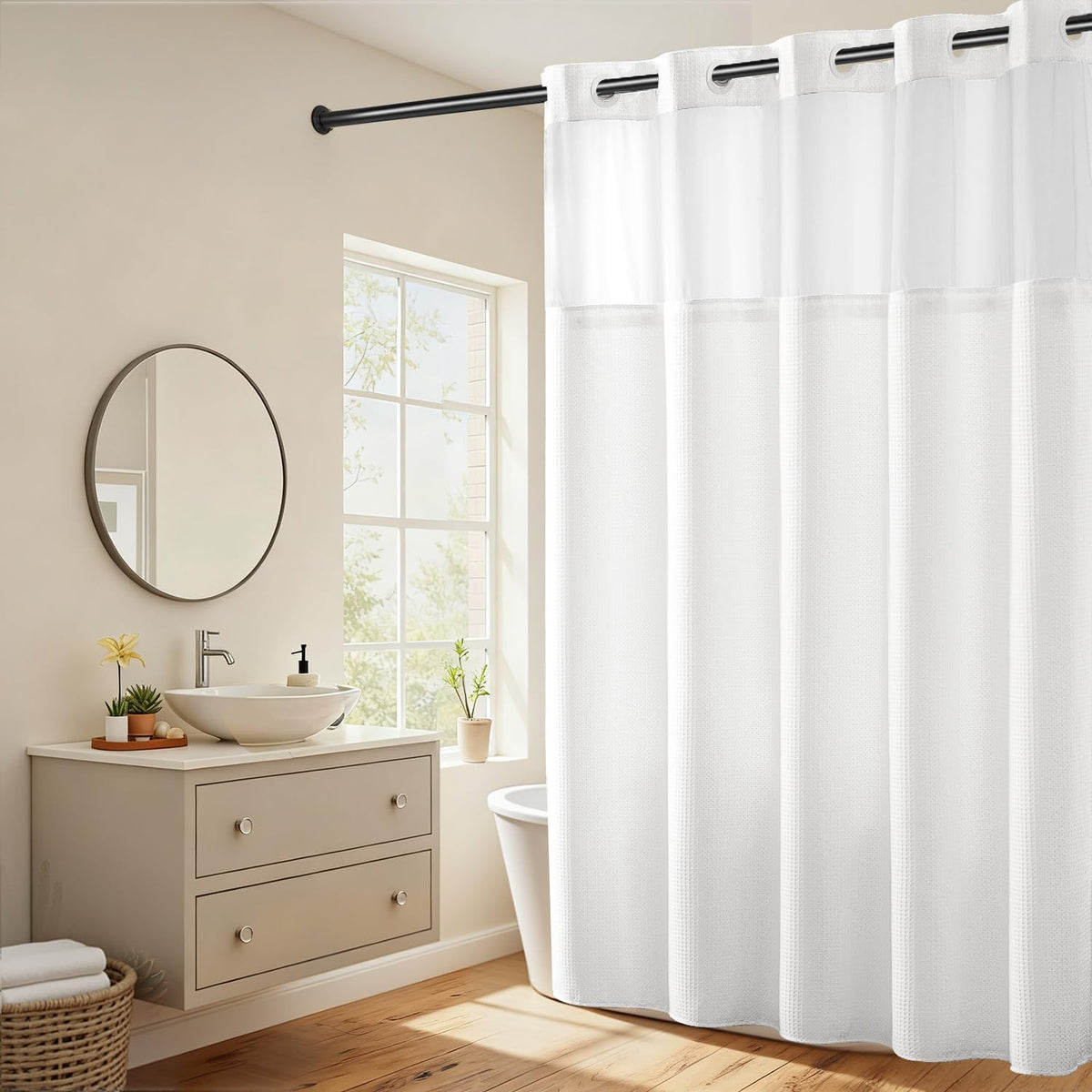 River Dream shower curtain with dotted waffle weave for luxury and privacy