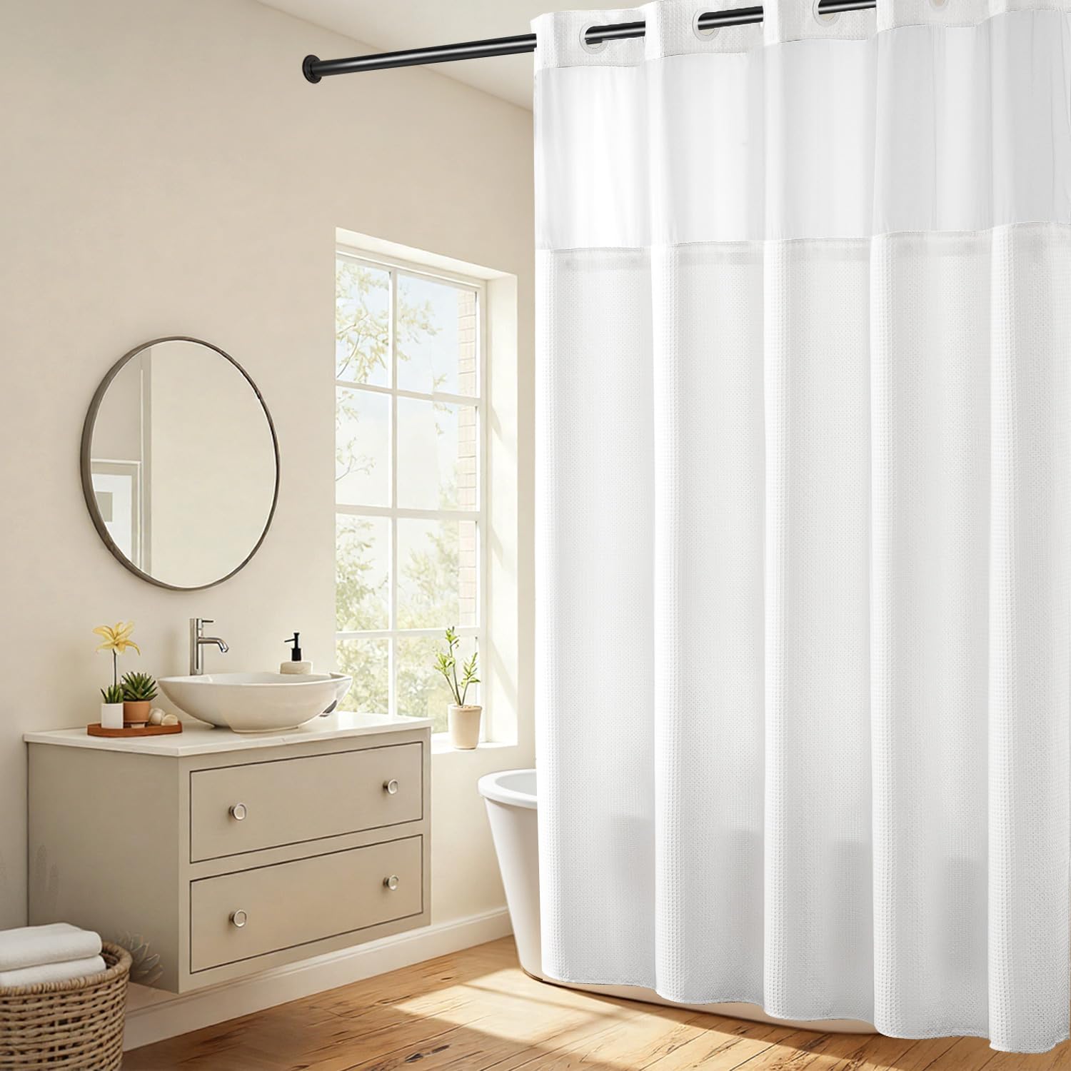 River Dream extra-long shower curtain in 71x86 size for tall bathrooms with spa-like presence